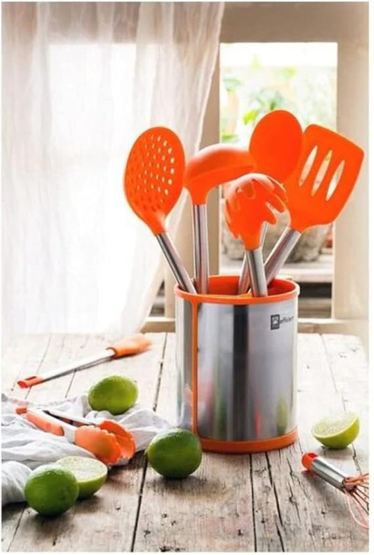 BRA  Efficient Conjunto De 5 Utensilios De Cocina Y Carrusel, Acero INOX, Nailon y Silicona, Naranja, 14.5 x 15 x 37.5 cm
