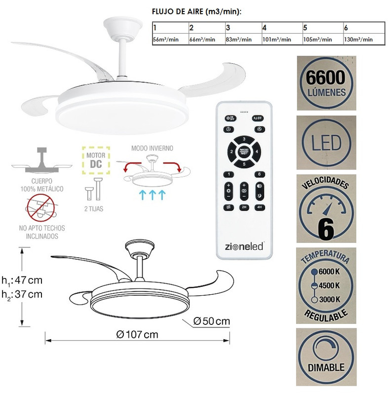 VENTILADOR PLEGABLE DIMABLE Blanco Luz 4 aspas 84w